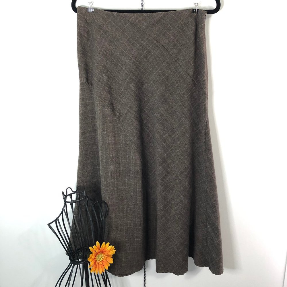Vintage Brown Midi ALine Windowpane Plaid Skirt 10